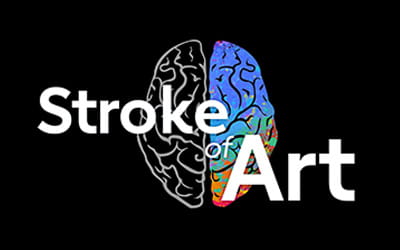 A black background with "Stroke of Art" in bold white letters on top of an illustrated brain split in black and white and color.