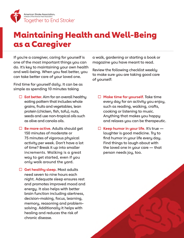 Page 1 of the Maintaining Health and Well-Being as a Caregiver checklist