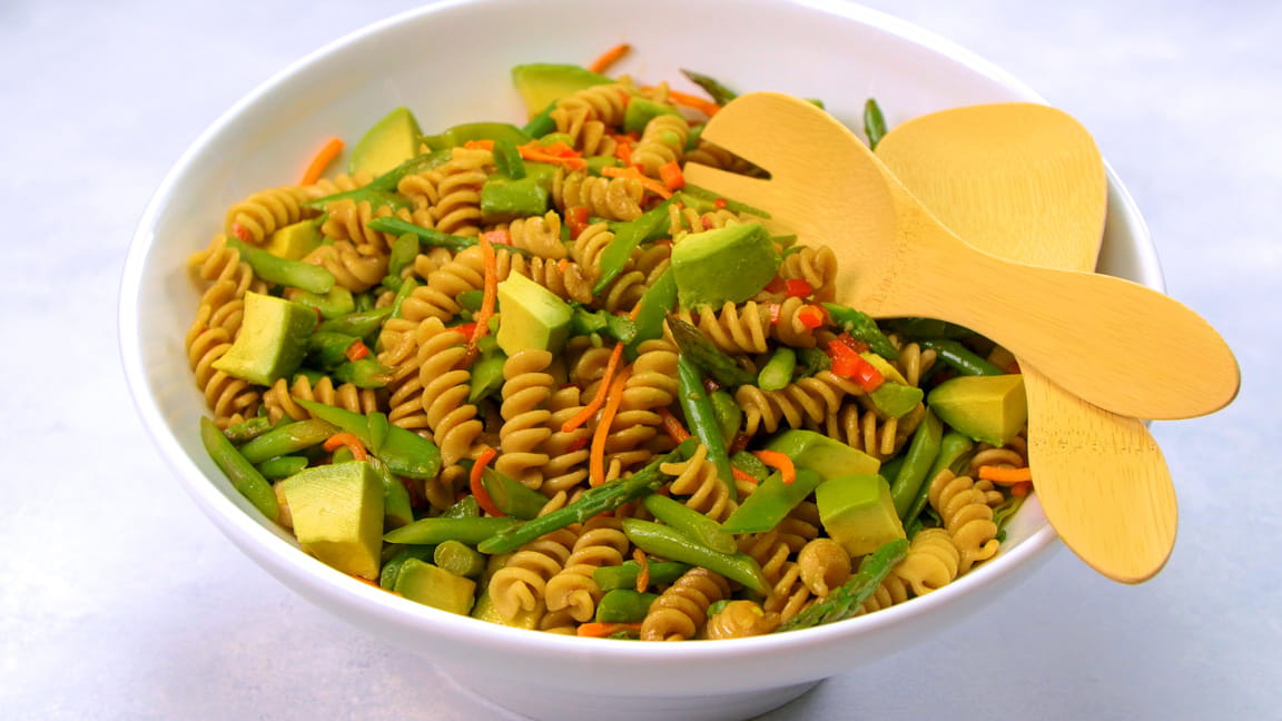 Asian-Inspired Pasta Salad with Asparagus, Snow Peas and Avocado