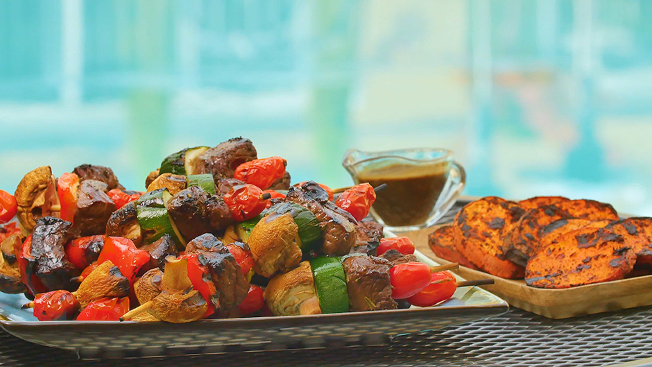 Balsamic Steak Skewers with Mixed Vegetables and Grilled Sweet Potatoes