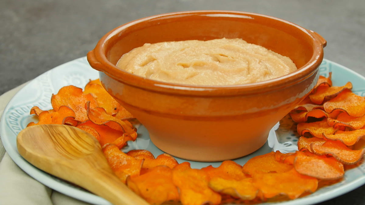 Buffalo White Bean Hummus with Oven Baked Sweet Potato Chips