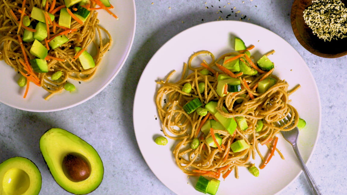 Chilled Peanut Noodle Salad with Avocado, Cucumber, and Sesame Seeds