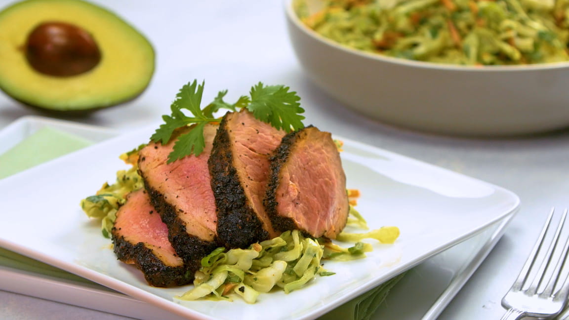 Coffee-Rubbed Grilled Pork Tenderloin with Avocado-Cilantro Slaw
