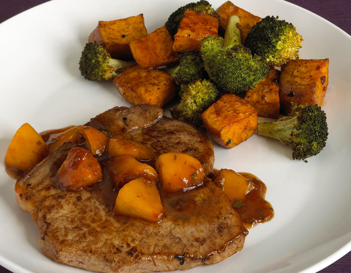 Pork Chops with BalsamicPeach Glaze, Roasted Sweet Potatoes and