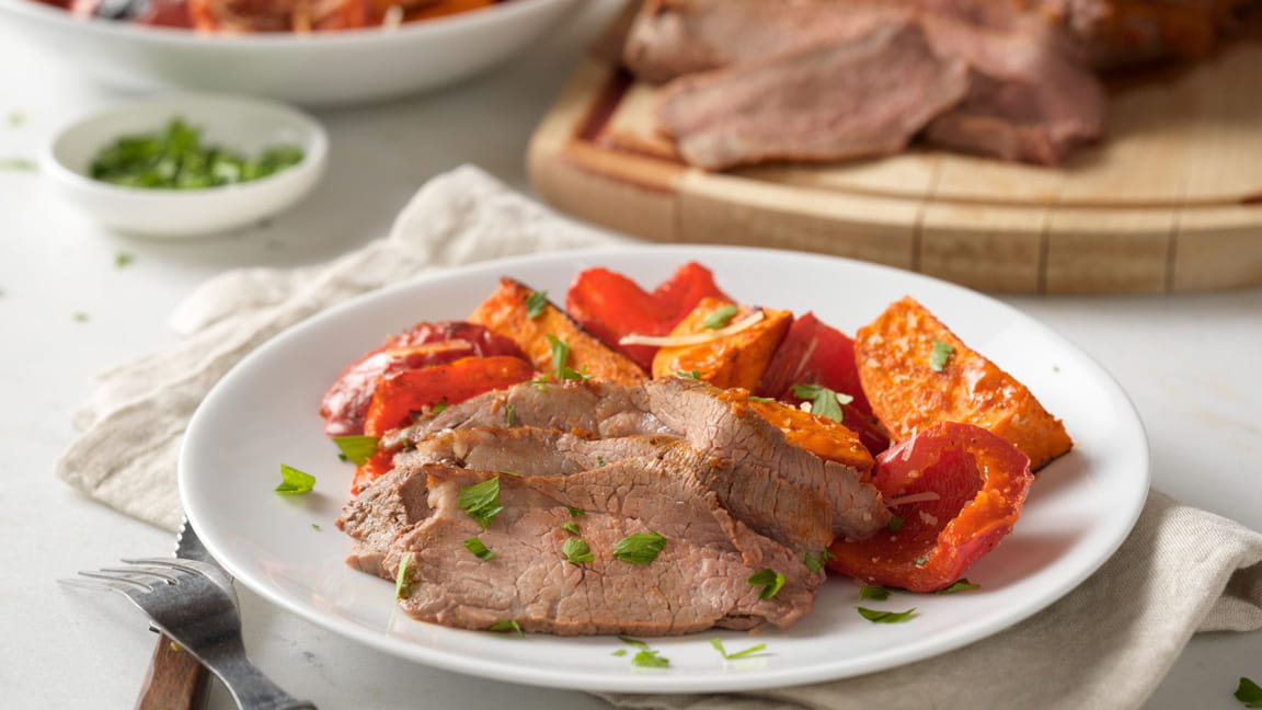 Roasted Sun-Dried Tomato Beef Tri-Tip with Peppers and Sweet Potatoes