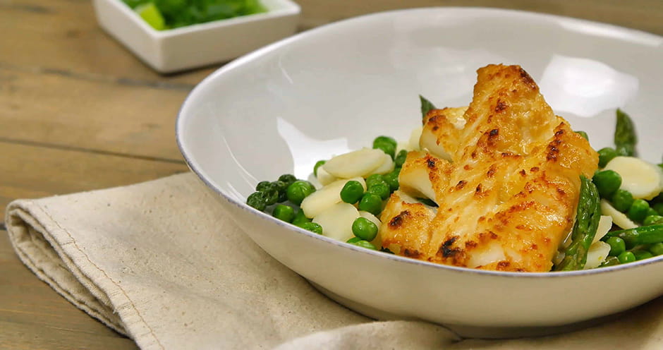 Vietnamese Broiled Cod with Asparagus Peas and Water Chestnuts Stir Fry