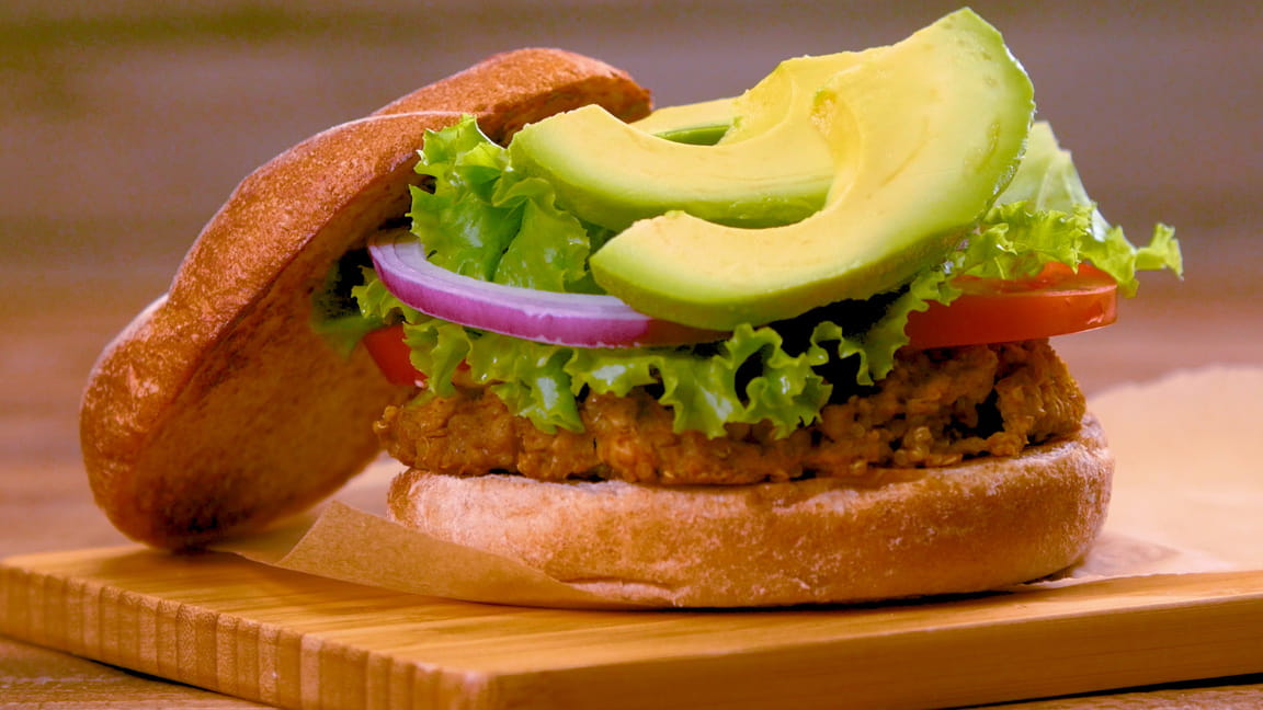 White Bean and Quinoa Burgers with Avocado and Sriracha Mayo