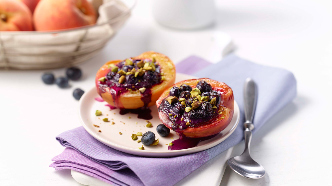 broiled glazed peaches stuffed blueberry compote cream cheese