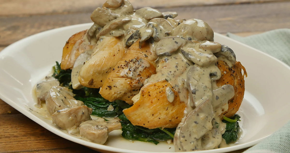 Chicken with Creamy Mushroom Sauce and Sauteed Greens with Pecans