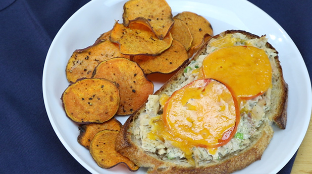 Open Face Tuna Melt with Oven Baked Sweet Potato Chips