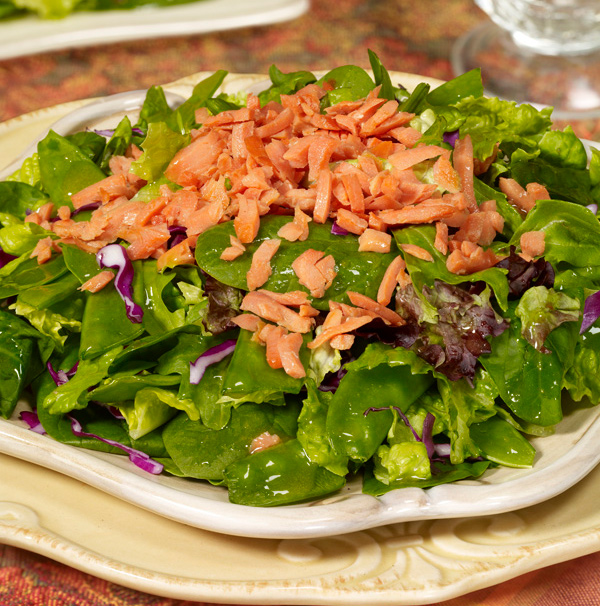 Spring Greens with Salmon and Apricot Ginger Vinaigrette