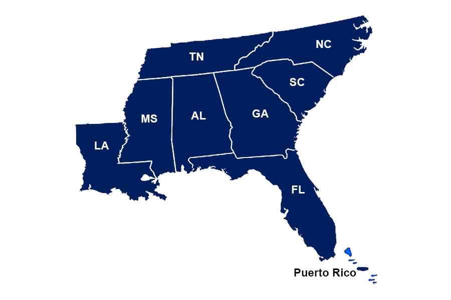 Southeastern States Region TN,NC,LA,MS,AL,GA,SC,FL,PR
