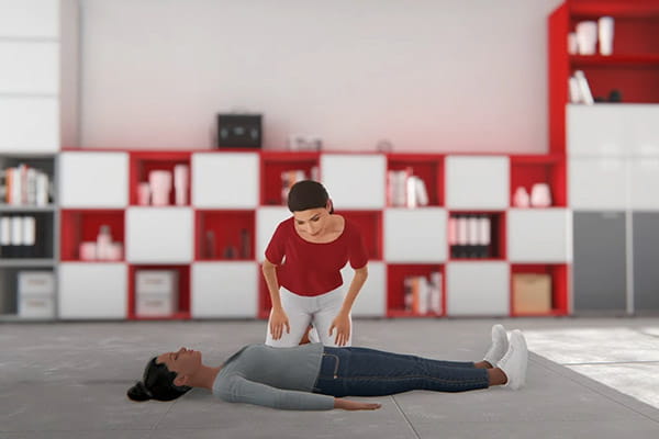 a digital illustration of a woman assessing an unresponsive woman lying down before starting CPR in an office setting