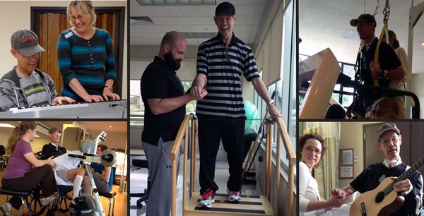 Photo collage of Randy Travis thorough his recovery