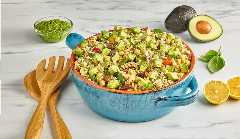 Avocados From Mexico Avocado Tomato Basil Pasta Salad with Pesto Avocado Dressing Heart-Check Certified Recipe