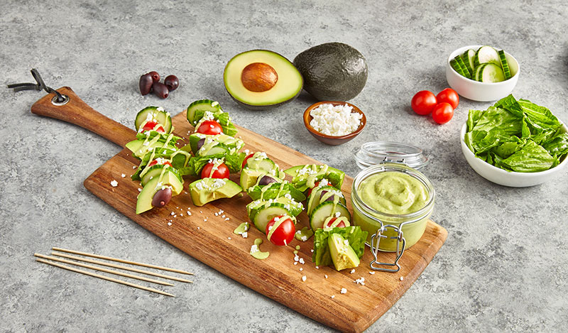 Avocados From Mexico Greek Goddess Salad on a Stick with Avo Mediterranean Greek Dressing recipe