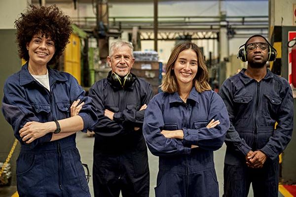 Confident and diverse warehouse employees facing forward