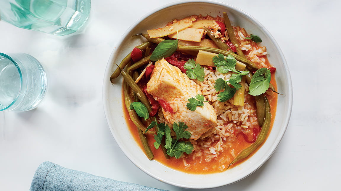 Coconut Curry Halibut with Green Beans and Roasted Red Bell Peppers