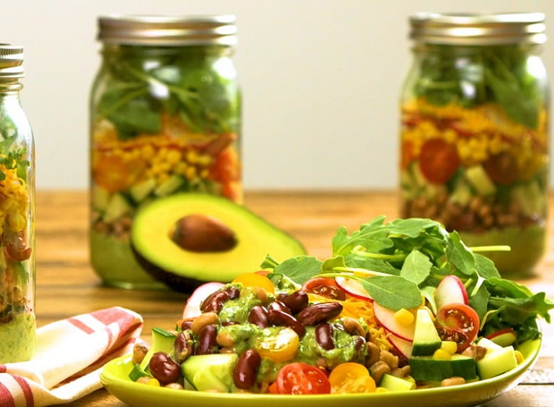 Mason jar taco salad with avocado cilantro dressing