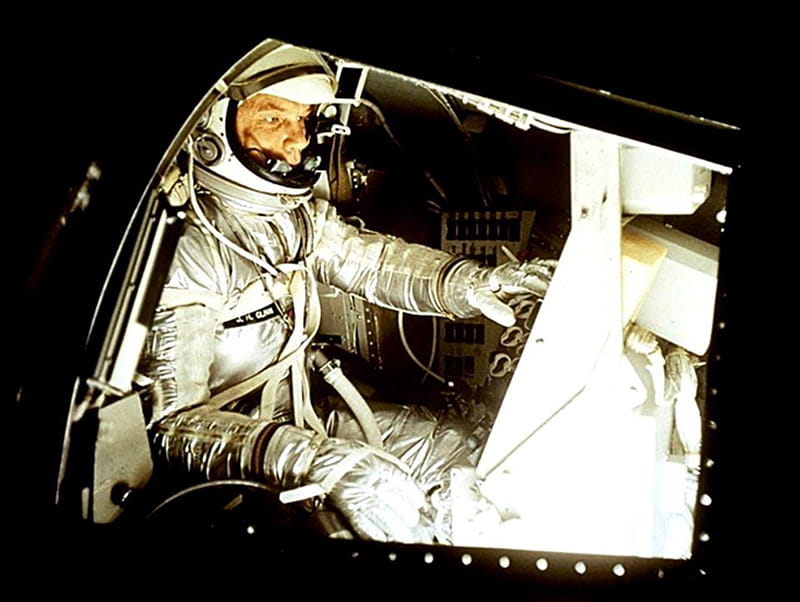 Astronaut John Glenn in January 1962, training for the Mercury-Atlas 6 mission one month later, during which he orbited Earth three times. (NASA)
