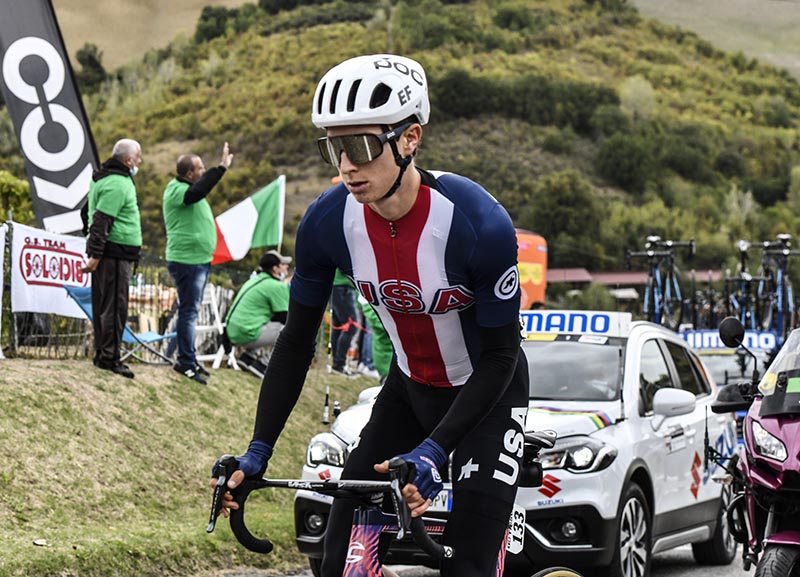 Neilson Powless riding for USA Cycling at the 2020 UCI Road World Championships in Imola, Italy. (Photo courtesy of USA Cycling/Casey B. Gibson)