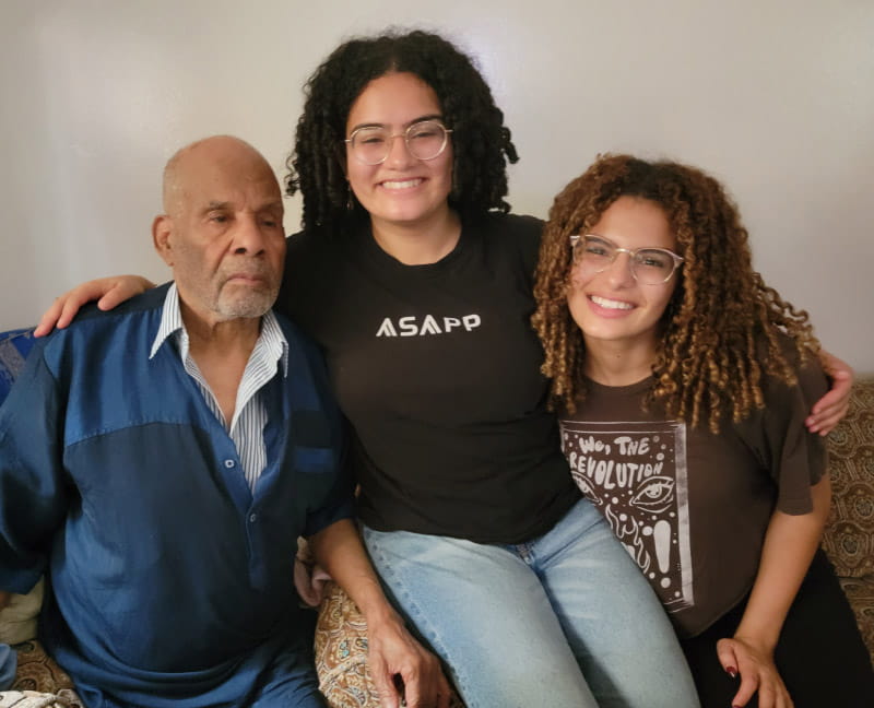 Naima Moustaid-Moussa’s daughters, Zaina (left) and Yasmine, visited their grandfather Mohamed Moustaid in June 2022 in Morocco. (Photo courtesy of Naima Moustaid-Moussa)