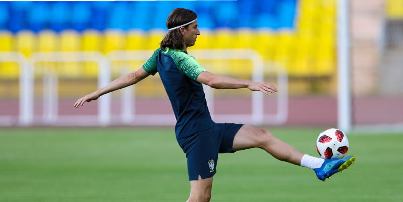 Brazil's Filipe Luis training before the 2018 FIFA World Cup quarterfinal match between Brazil and Belgium on Friday. (Photo by Buda Mendes/Getty Images)