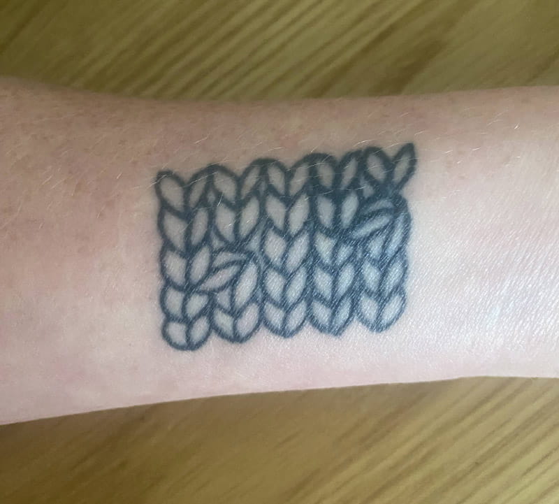Molly Fitzgerald's knitting tattoo that symbolizes her stroke recovery journey. (Photo courtesy of Molly Fitzgerald)