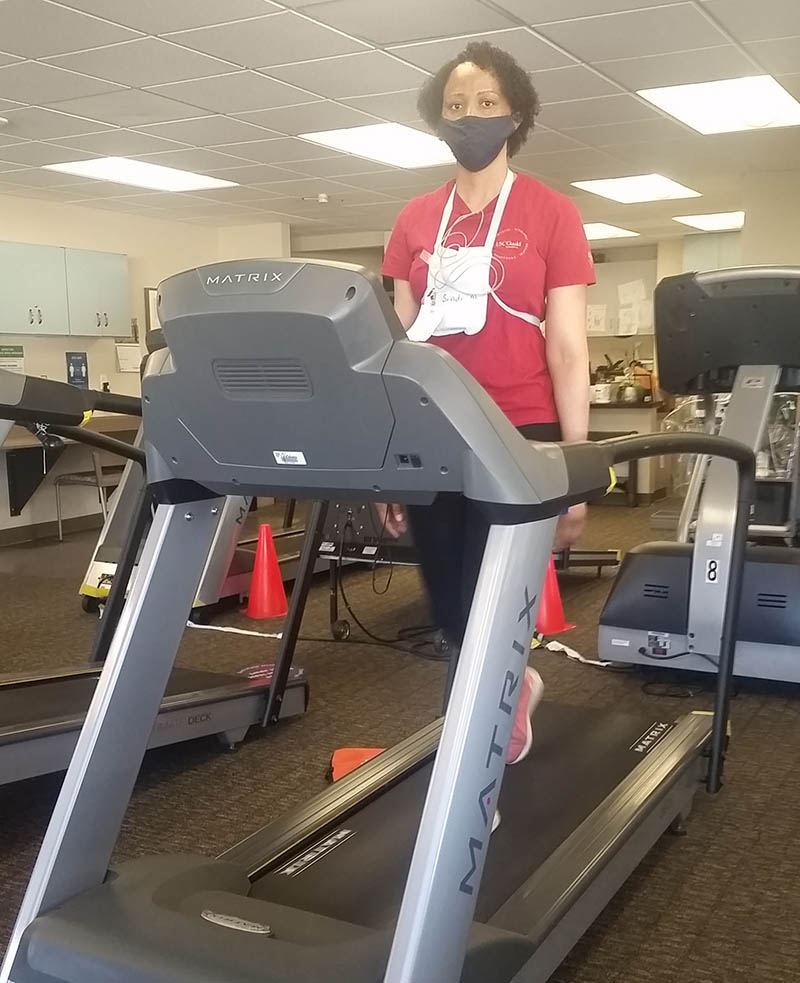 Sindi Mafu walking on the treadmill as part of her cardiac rehab. (Photo courtesy of Sindi Mafu)
