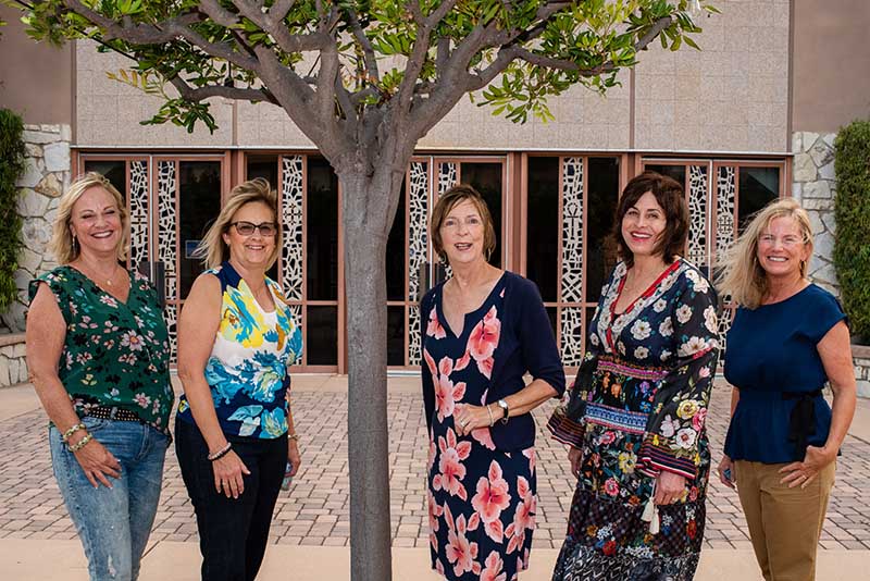 Dorothy Farris with her friends outside of St. Peter's by the Sea church in Rancho Palos Verdes, California. From left: Rita Plantamura, Valerie Ryan, Dorothy Farris, Miki Jordan and Pam Barclay. (Photo by Dawn Switzer)