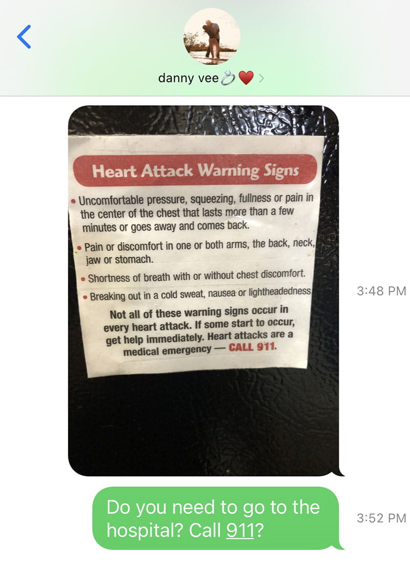 Danny Saxon's wife, Morgan, texted him a photo of the homemade magnet on their fridge that spelled out the warning signs of a heart attack after he said his arms were tingling. (Photo courtesy of the Saxon family)