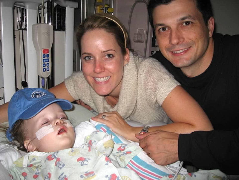 Peyton Bono (left) with her parents, Courtney and Mark, after her second open-heart surgery in 2007. (Photo courtesy of the Bono family)