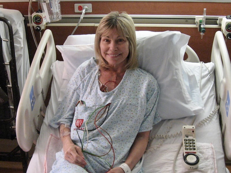 Cheryl Murdock a few weeks after her heart transplant surgery, recovering at Stanford Medical Center. (The photo was taken April 19, 2010. Her surgery was March 30, 2010)