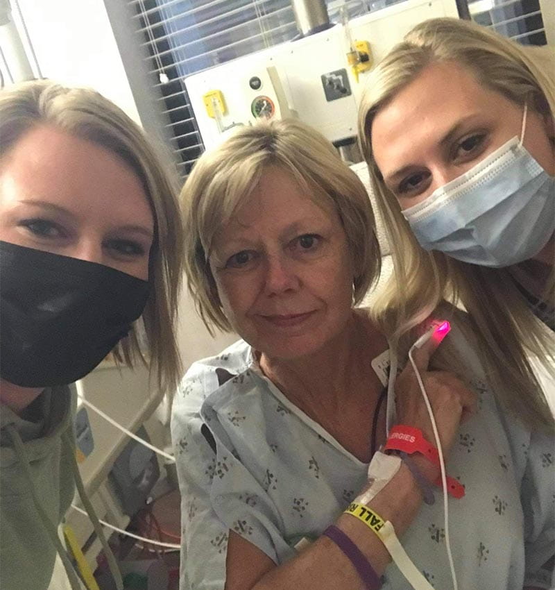 Ann Walters Tillery (center) with her daughters, Kristen Dawson (left) and Heather Wolf, while Ann was recovering in the ICU. (Photo courtesy of Ann Walters Tillery)
