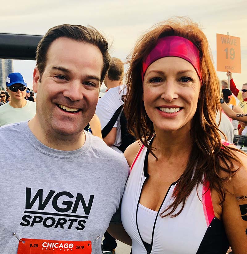Erin Ivory (right) with her colleague, Mike Lowe, at the Life Time Chicago Triathlon in 2019. (Photo courtesy of Erin Ivory)