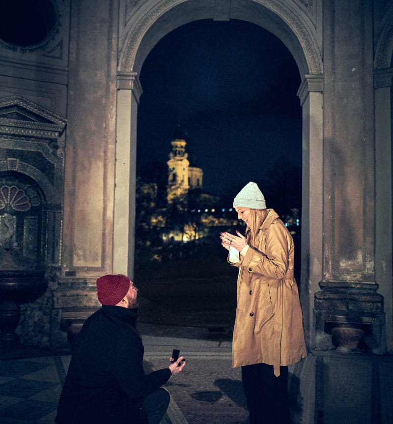 Mike proposing to Megan last December in Germany. (Photo courtesy of Mike Garrow and Megan Frost)