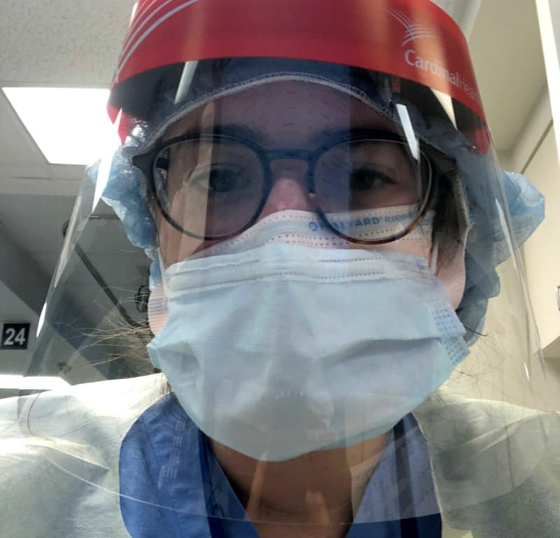 Rebecca in her personal protective equipment at work. (Photo courtesy of Dr. Stacey Rosen)