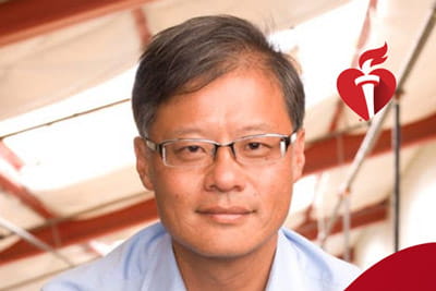 a portrait of Jerry Yang on an abstract background