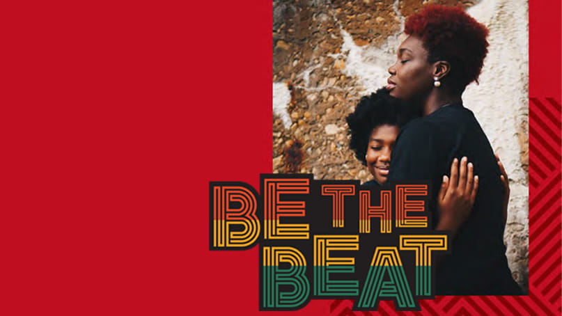 on a red background is a photo of a Black woman and child hugging with the BE THE BEAT logo overlapping the bottom left corner of the photo