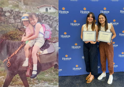 split image of sisters Andrea and María Jesus Vásquez: a childhood photo on the left and a present day photo on the right
