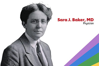 a silhouetted headshot of Sara J. Baker, MD, with a rainbow graphic spanning the lower right corner of the frame