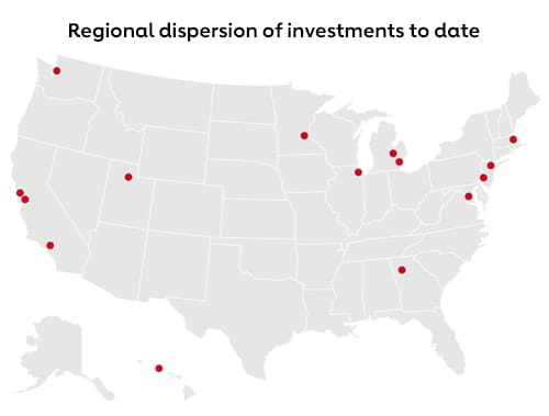 a light grey U.S. map with red dots indicating cities of the AHA Social Impact Funds' regional dispersion of investments to date