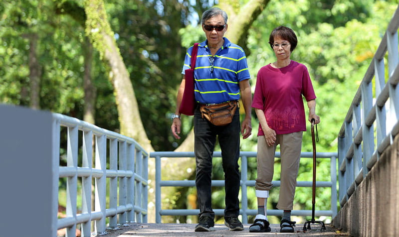 Senior couple walking as part of stroke rehabilitation