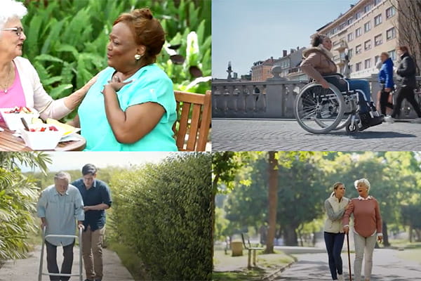 a frame from the stroke prevention video showing a quadrant of people receiving assistance in various outdoor settings