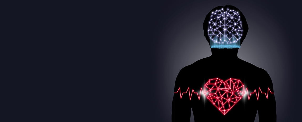 digital illustration of a silhouette of a human body with lines and dots of a polygonal-shaped brain and heart