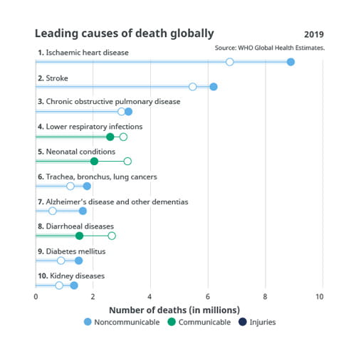 Chart showing top leading causes of death globally. Source: WHO Global Health Estimates, 2019.