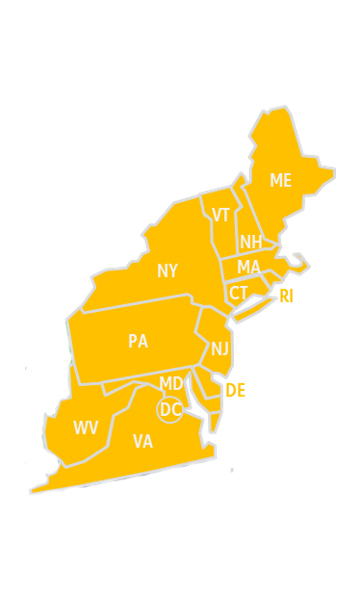 a yellow map of the northeastern United States