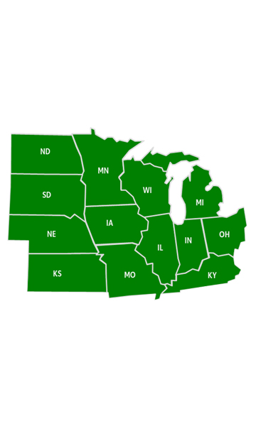 a green map of the north central United States