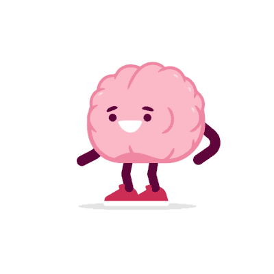 A digital illustration of a pink brain character on a white background animated to thrust one arm up as a sign of success