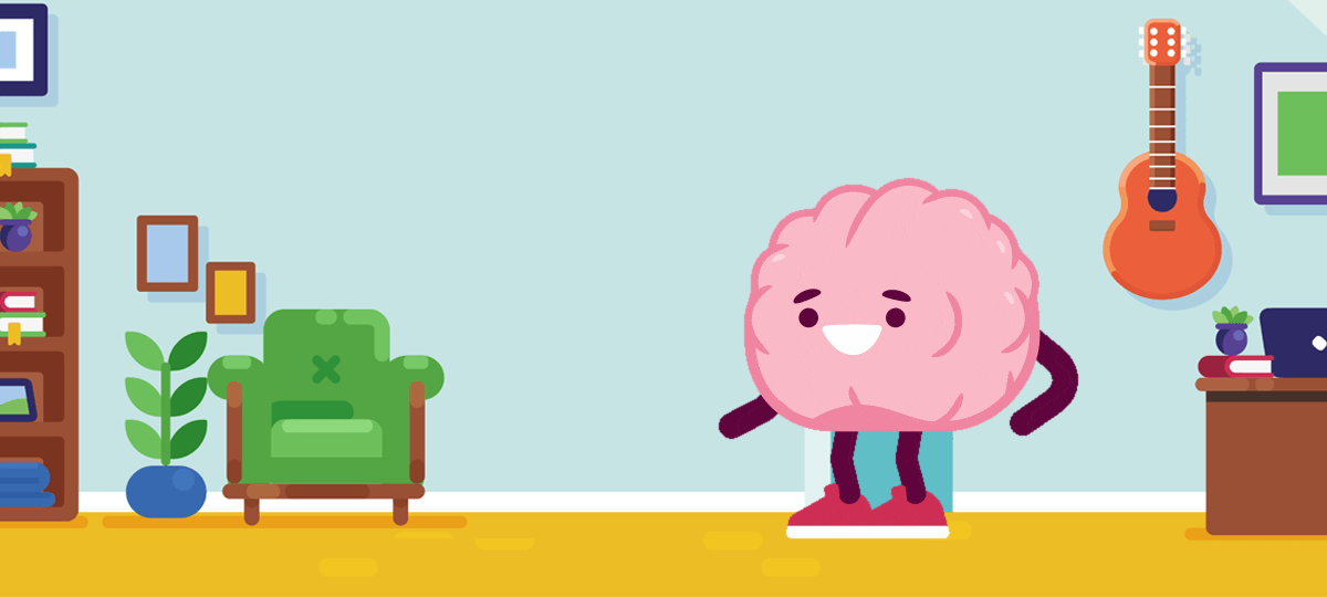 a colorful digital illustration of a pink brain character standing in a living room setting